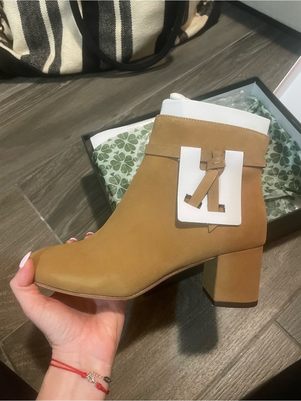 kate spade Tan Block Heel Ankle Boot with White Accent